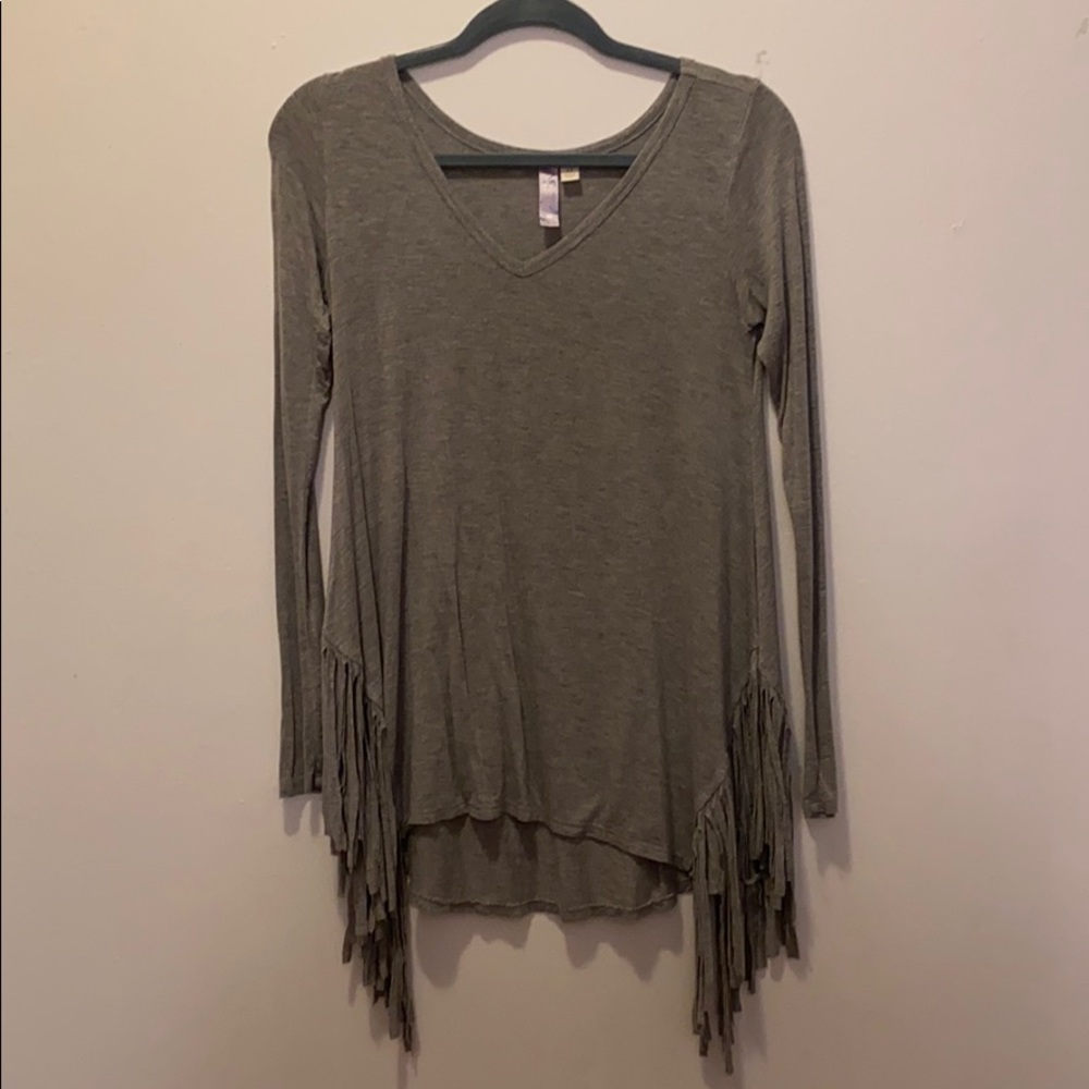 Gray Long Sleeve Top with Fringe